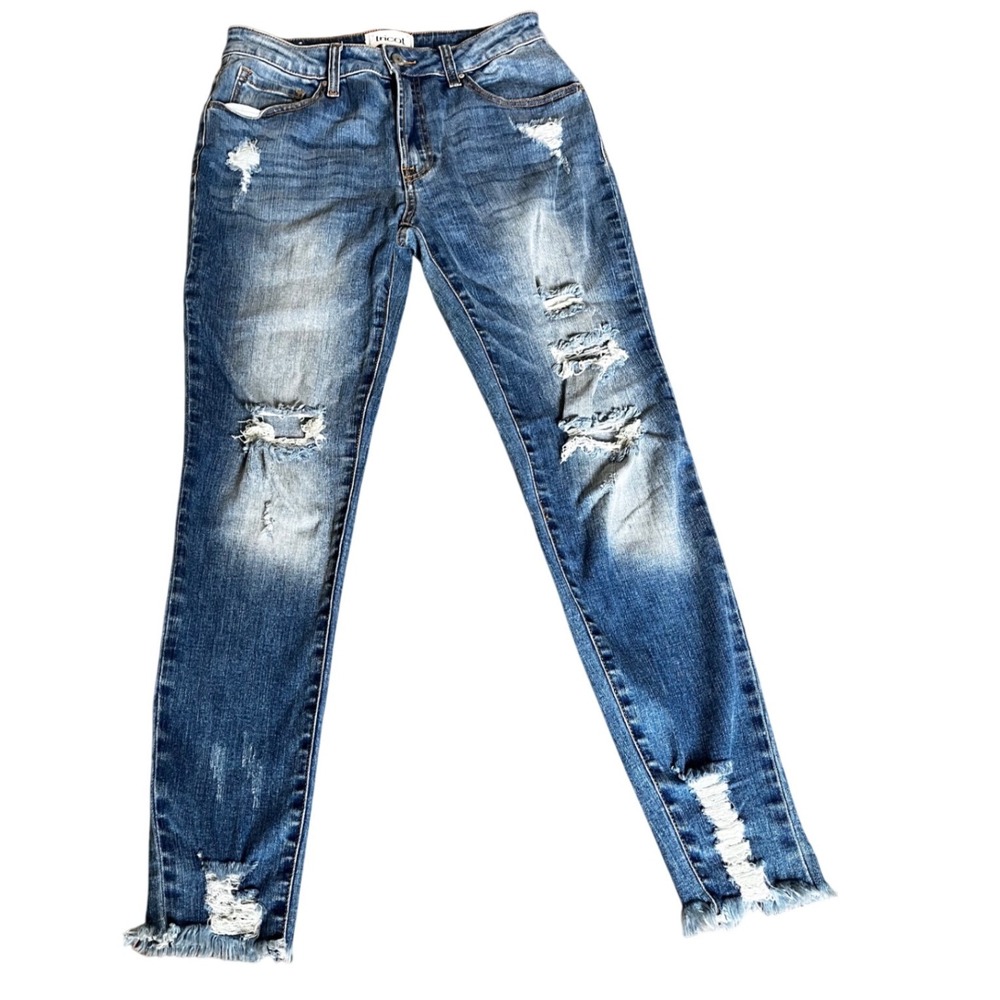 Tricot Womens Distressed Skinny Jeans Medium Wash Ripped Frayed Hem Size 7/28